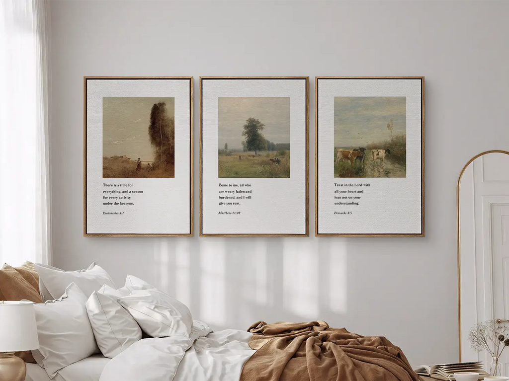 Discover peace with this inspiring Christian wall art set. This collection of three framed scripture prints features calming pastoral landscapes paired with powerful wisdom from the Bible, reminding you of God's perfect timing and provision.