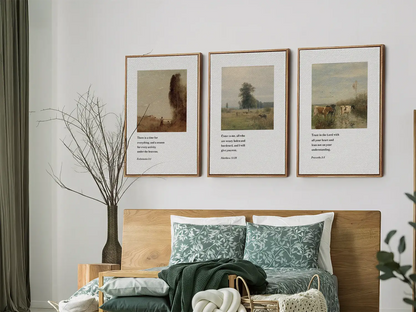 Discover peace with this inspiring Christian wall art set. This collection of three framed scripture prints features calming pastoral landscapes paired with powerful wisdom from the Bible, reminding you of God's perfect timing and provision.