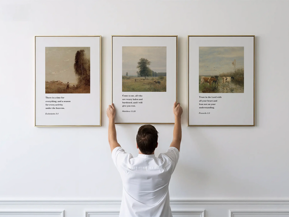 Discover peace with this inspiring Christian wall art set. This collection of three framed scripture prints features calming pastoral landscapes paired with powerful wisdom from the Bible, reminding you of God's perfect timing and provision.