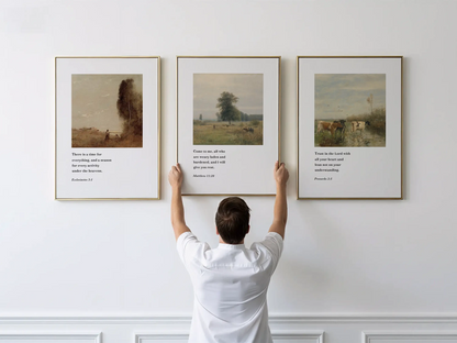 Discover peace with this inspiring Christian wall art set. This collection of three framed scripture prints features calming pastoral landscapes paired with powerful wisdom from the Bible, reminding you of God's perfect timing and provision.