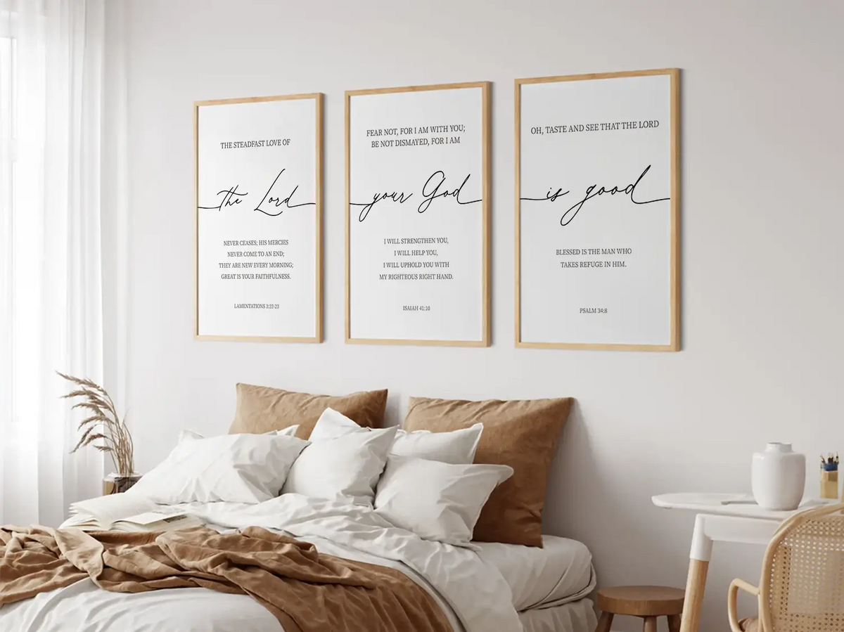 Christian Wall Art Set of 3 | Bible Verse Prints Lamentations Isaiah Psalm | Framed Scripture Decor