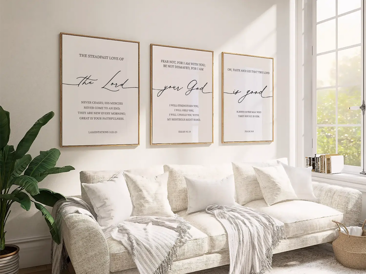 Christian Wall Art Set of 3 | Bible Verse Prints Lamentations Isaiah Psalm | Framed Scripture Decor
