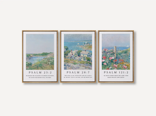 AbidePrint - Christian Wall Art Set of 3 | Psalm 23, Psalm 28, Psalm 121 Prints | Framed Impressionist Scripture