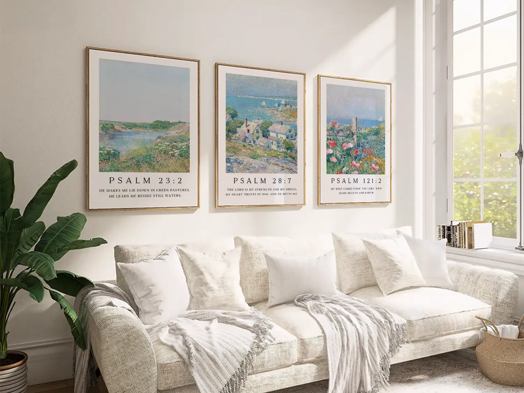 AbidePrint - Christian Wall Art Set of 3 | Psalm 23, Psalm 28, Psalm 121 Prints | Framed Impressionist Scripture