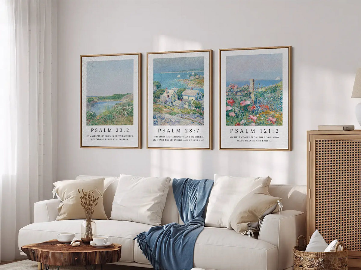 AbidePrint - Christian Wall Art Set of 3 | Psalm 23, Psalm 28, Psalm 121 Prints | Framed Impressionist Scripture