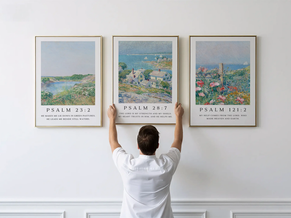 AbidePrint - Christian Wall Art Set of 3 | Psalm 23, Psalm 28, Psalm 121 Prints | Framed Impressionist Scripture