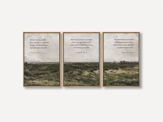 AbidePrint - Christian Wall Art 3P | Psalm 121, Psalm 90, Psalm 16 Prints | Framed Vintage Scripture Decor