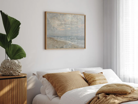 Invite calm and faith into your home with this inspiring Christian wall art. This framed print features a serene coastal landscape paired with the powerful, comforting command from Psalm 46:10 to Be Still and Know That I Am God.