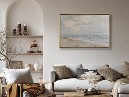 Invite calm and faith into your home with this inspiring Christian wall art. This framed print features a serene coastal landscape paired with the powerful, comforting command from Psalm 46:10 to Be Still and Know That I Am God.
