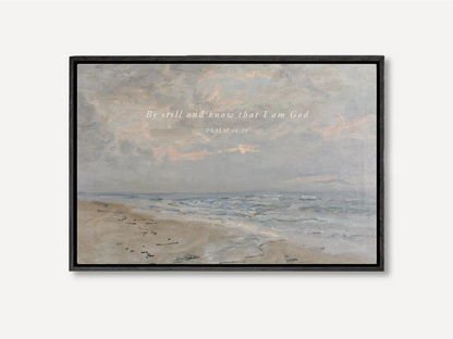 Invite calm and faith into your home with this inspiring Christian wall art. This framed print features a serene coastal landscape paired with the powerful, comforting command from Psalm 46:10 to Be Still and Know That I Am God.