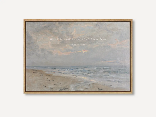 Invite calm and faith into your home with this inspiring Christian wall art. This framed print features a serene coastal landscape paired with the powerful, comforting command from Psalm 46:10 to Be Still and Know That I Am God.