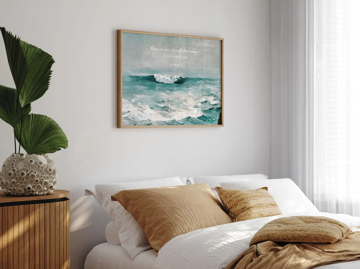 Anchor your heart in hope with this powerful Christian wall art. This framed print features a dynamic seascape painting paired with the comforting promise from Isaiah 43:2: "When you pass through deep waters, I will be with you."