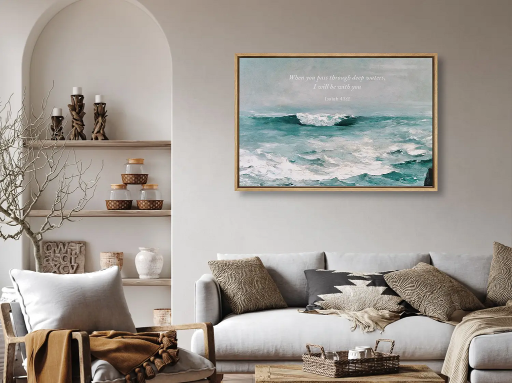 Anchor your heart in hope with this powerful Christian wall art. This framed print features a dynamic seascape painting paired with the comforting promise from Isaiah 43:2: "When you pass through deep waters, I will be with you."