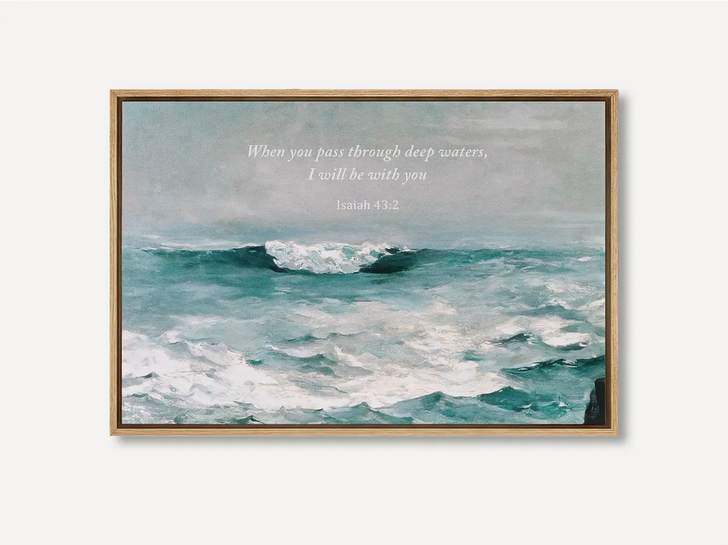 Anchor your heart in hope with this powerful Christian wall art. This framed print features a dynamic seascape painting paired with the comforting promise from Isaiah 43:2: "When you pass through deep waters, I will be with you."