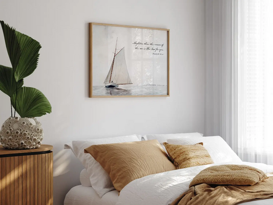 Anchor your heart in unwavering love with this inspiring Christian wall art. This framed print features a serene sailboat painting paired with the powerful promise from Psalm 93:4: "Mightier than the waves of the sea is His love for you."
