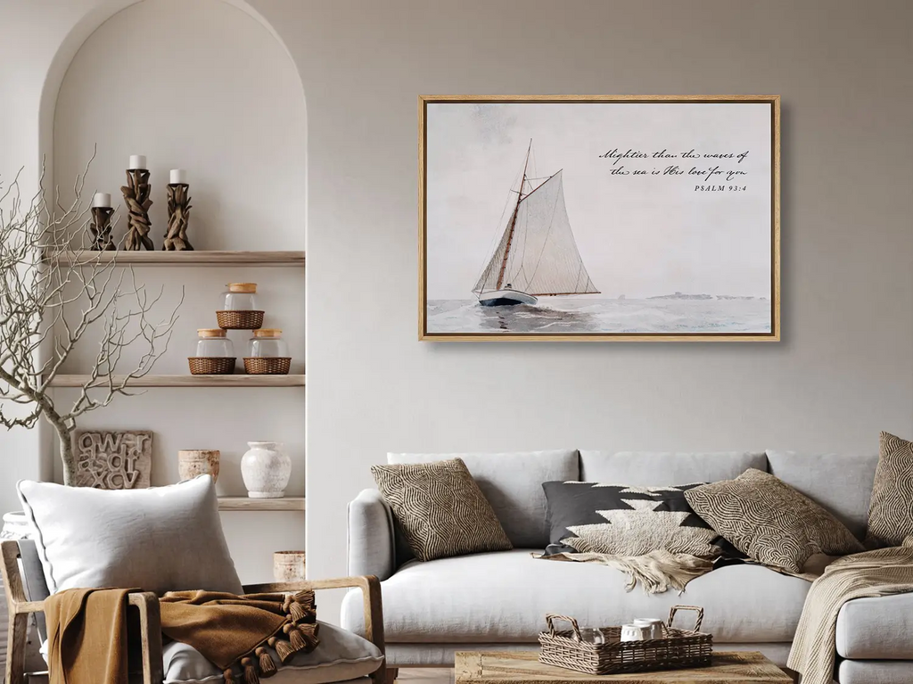 Anchor your heart in unwavering love with this inspiring Christian wall art. This framed print features a serene sailboat painting paired with the powerful promise from Psalm 93:4: "Mightier than the waves of the sea is His love for you."