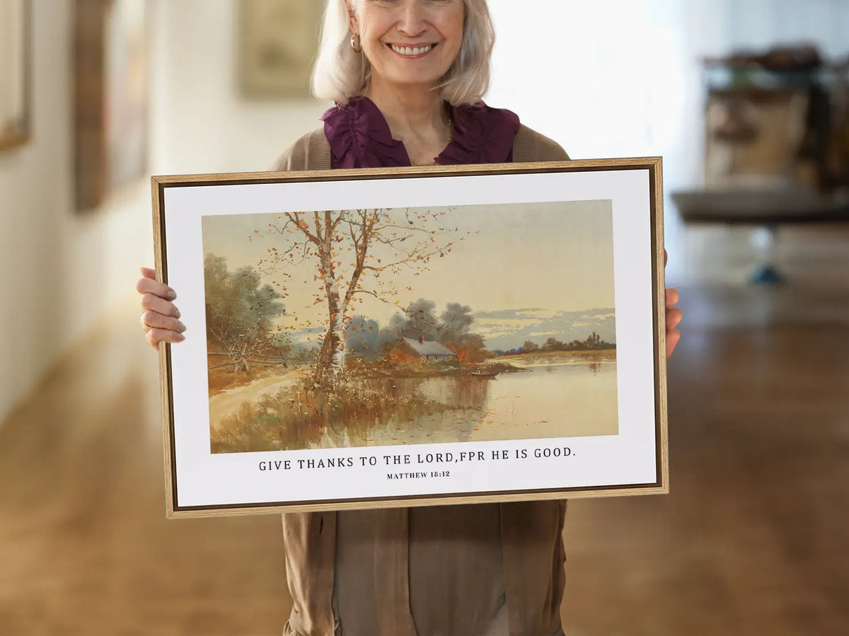 Cultivate a spirit of thankfulness in your home with this inspiring Christian wall art. This framed print features a warm, reflective autumn landscape paired with the powerful call to "Give thanks to the Lord, for he is good."