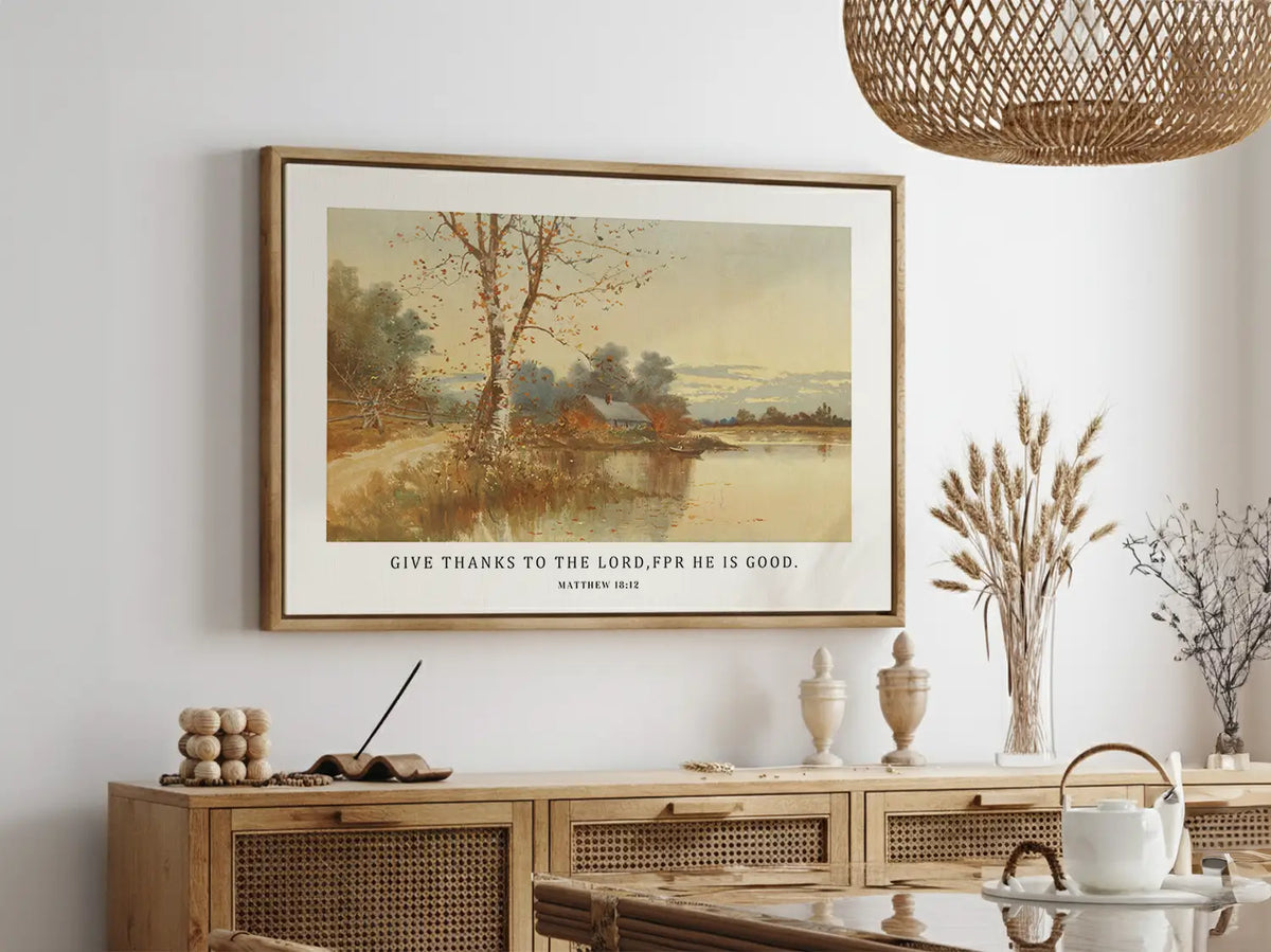 Cultivate a spirit of thankfulness in your home with this inspiring Christian wall art. This framed print features a warm, reflective autumn landscape paired with the powerful call to "Give thanks to the Lord, for he is good."