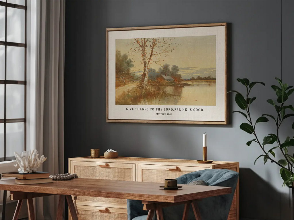 Cultivate a spirit of thankfulness in your home with this inspiring Christian wall art. This framed print features a warm, reflective autumn landscape paired with the powerful call to "Give thanks to the Lord, for he is good."