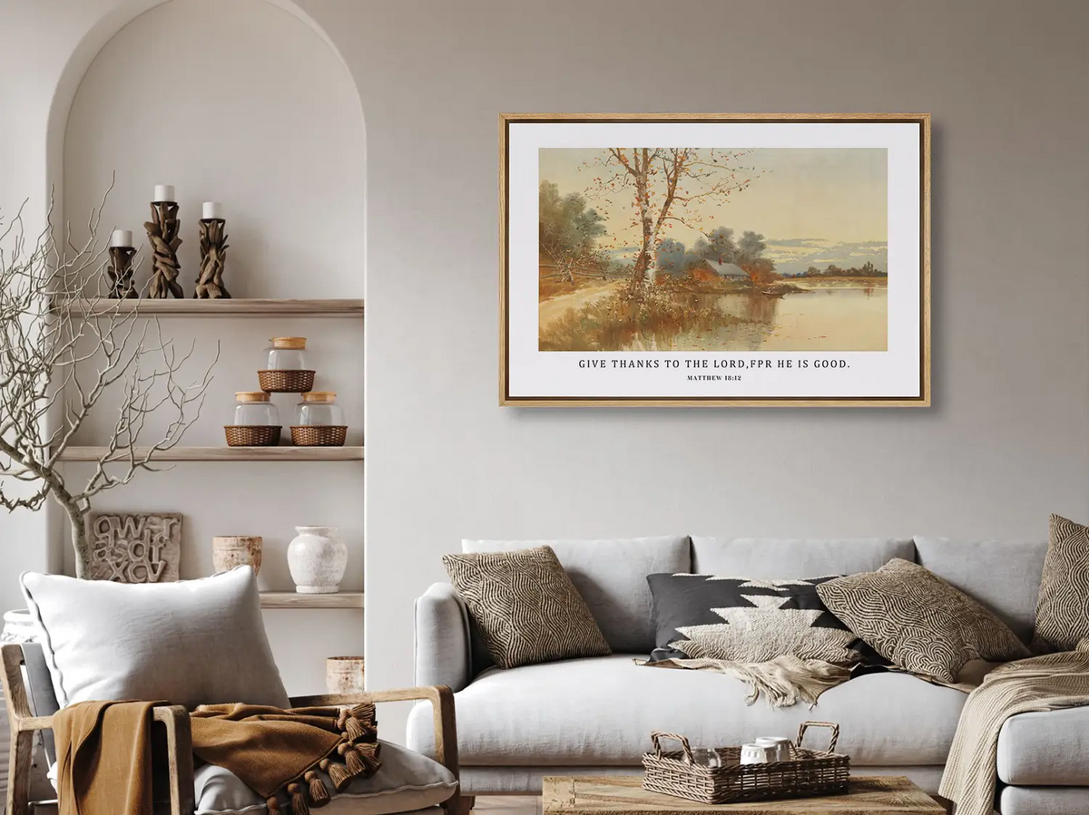 Cultivate a spirit of thankfulness in your home with this inspiring Christian wall art. This framed print features a warm, reflective autumn landscape paired with the powerful call to "Give thanks to the Lord, for he is good."