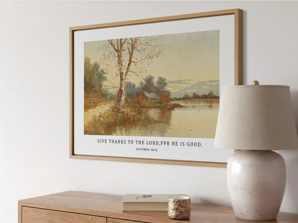 Cultivate a spirit of thankfulness in your home with this inspiring Christian wall art. This framed print features a warm, reflective autumn landscape paired with the powerful call to "Give thanks to the Lord, for he is good."