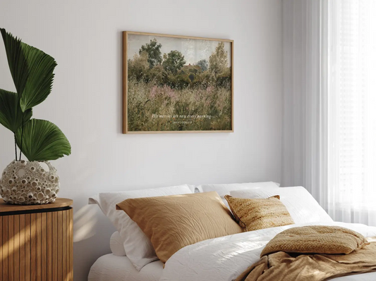 Start each day with hope and grace with this inspiring Christian wall art. This framed print features a beautiful, rustic field painting paired with the comforting promise from Lamentations 3:23: "His mercies are new every morning."