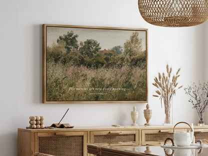 Start each day with hope and grace with this inspiring Christian wall art. This framed print features a beautiful, rustic field painting paired with the comforting promise from Lamentations 3:23: "His mercies are new every morning."