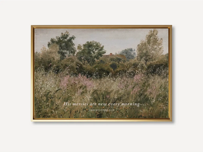 Start each day with hope and grace with this inspiring Christian wall art. This framed print features a beautiful, rustic field painting paired with the comforting promise from Lamentations 3:23: "His mercies are new every morning."