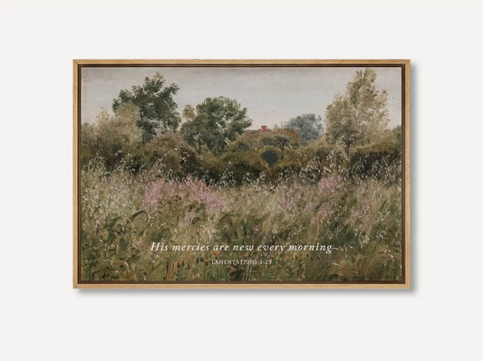 Start each day with hope and grace with this inspiring Christian wall art. This framed print features a beautiful, rustic field painting paired with the comforting promise from Lamentations 3:23: "His mercies are new every morning."