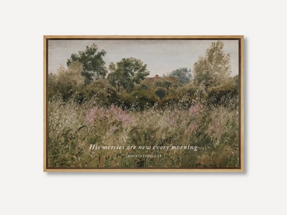 Start each day with hope and grace with this inspiring Christian wall art. This framed print features a beautiful, rustic field painting paired with the comforting promise from Lamentations 3:23: "His mercies are new every morning."