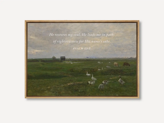 Invite peace and renewal into your space with this inspiring Christian wall art. This framed print features a calming pastoral landscape paired with the comforting promise from Psalm 23:3 about the restoration of the soul.