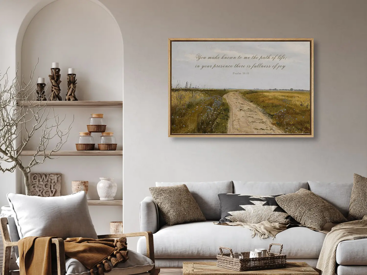 Discover fullness of joy in God's presence with this inspiring Christian wall art. This framed print features a beautiful, rustic landscape painting paired with the comforting promise from Psalm 16:11.