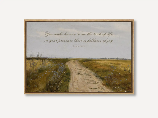 Discover fullness of joy in God's presence with this inspiring Christian wall art. This framed print features a beautiful, rustic landscape painting paired with the comforting promise from Psalm 16:11.