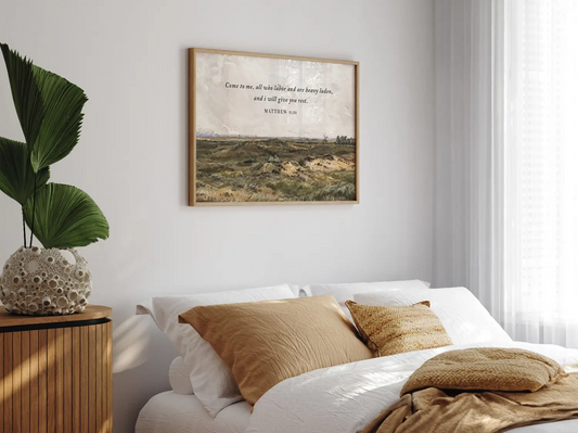 Invite true peace and rest into your home with this inspiring Christian wall art. This framed print features a classic landscape painting paired with the comforting invitation from Matthew 11:28: "Come to me, all who labor and are heavy laden, and I will give you rest."