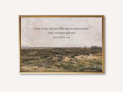 Invite true peace and rest into your home with this inspiring Christian wall art. This framed print features a classic landscape painting paired with the comforting invitation from Matthew 11:28: "Come to me, all who labor and are heavy laden, and I will give you rest."
