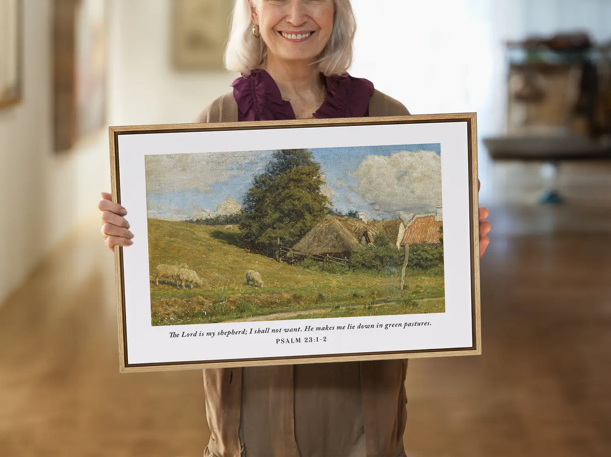 Invite the promise of provision and peace into your home with this inspiring Christian wall art. This framed print features a classic pastoral landscape paired with the beloved scripture: "The Lord is my shepherd; I shall not want."