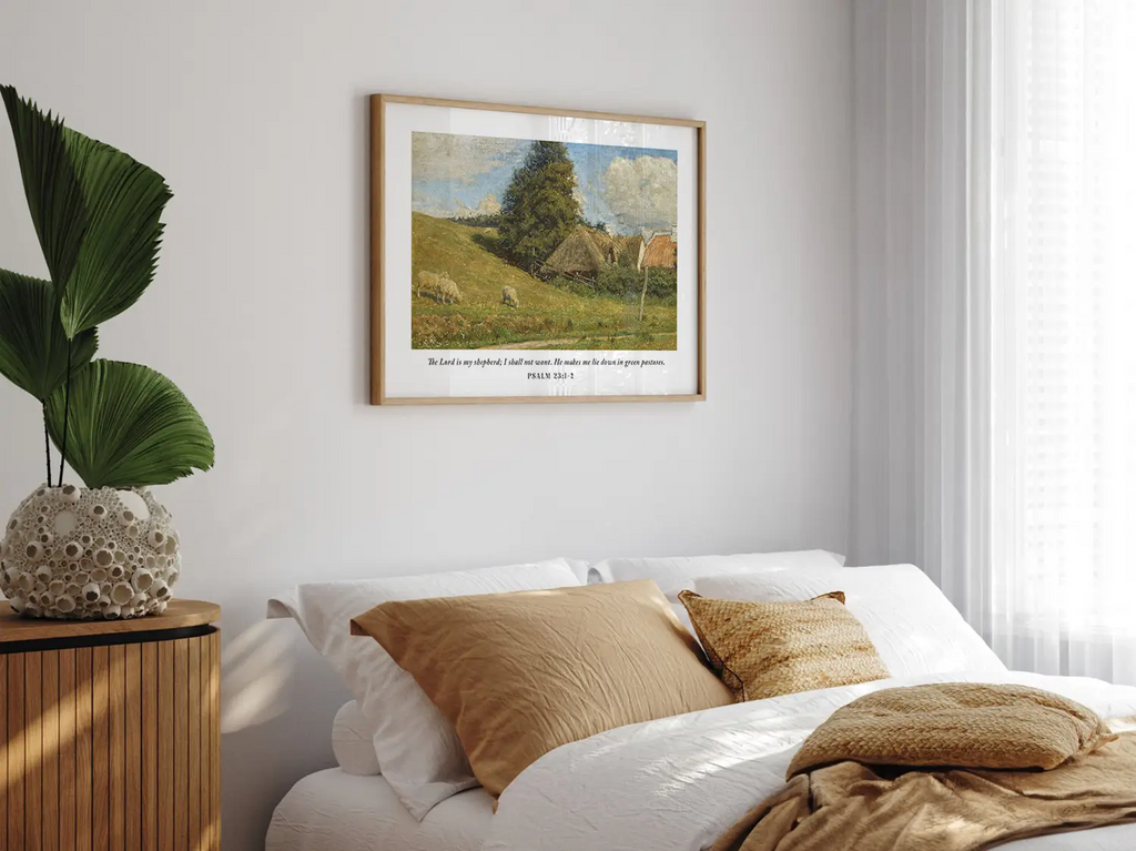 Invite the promise of provision and peace into your home with this inspiring Christian wall art. This framed print features a classic pastoral landscape paired with the beloved scripture: "The Lord is my shepherd; I shall not want."