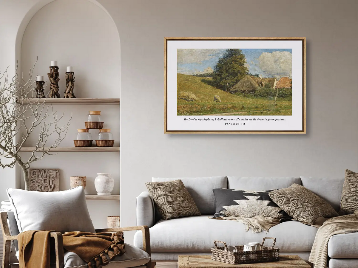 Invite the promise of provision and peace into your home with this inspiring Christian wall art. This framed print features a classic pastoral landscape paired with the beloved scripture: "The Lord is my shepherd; I shall not want."