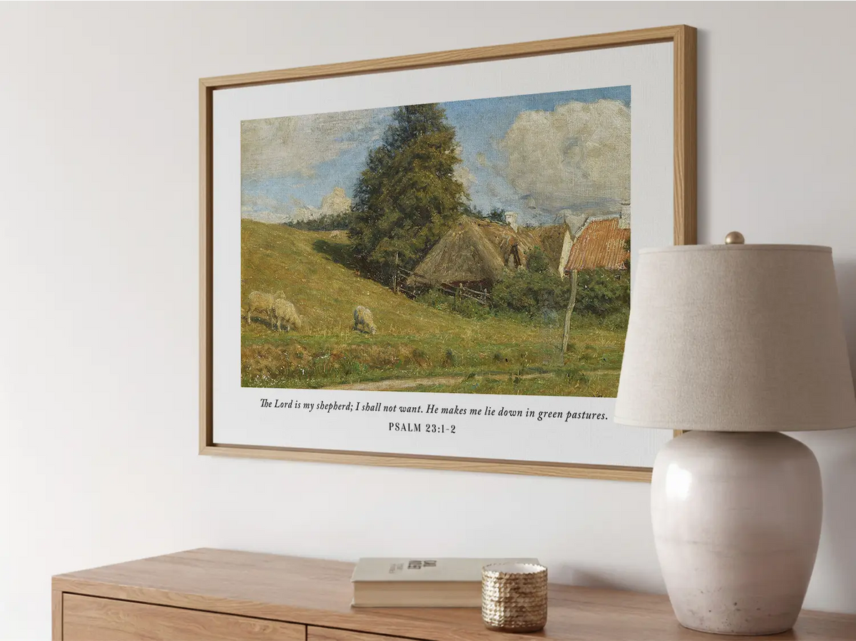 Invite the promise of provision and peace into your home with this inspiring Christian wall art. This framed print features a classic pastoral landscape paired with the beloved scripture: "The Lord is my shepherd; I shall not want."