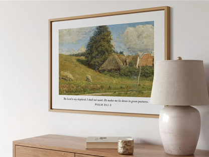 Invite the promise of provision and peace into your home with this inspiring Christian wall art. This framed print features a classic pastoral landscape paired with the beloved scripture: "The Lord is my shepherd; I shall not want."