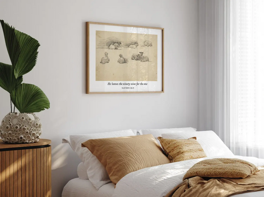 Celebrate the relentless love of the Good Shepherd with this inspiring Christian wall art. This framed print features a classic pencil sketch of sheep paired with the profound scripture: "He leaves the ninety-nine for the one."