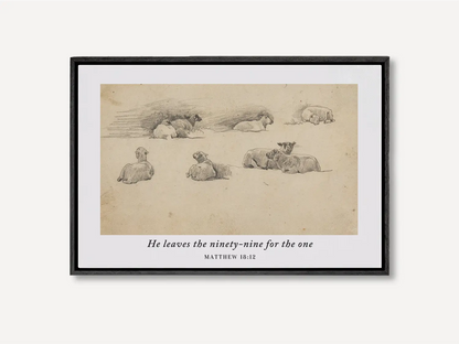 Celebrate the relentless love of the Good Shepherd with this inspiring Christian wall art. This framed print features a classic pencil sketch of sheep paired with the profound scripture: "He leaves the ninety-nine for the one."