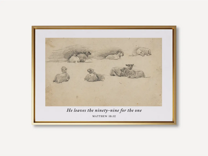 Celebrate the relentless love of the Good Shepherd with this inspiring Christian wall art. This framed print features a classic pencil sketch of sheep paired with the profound scripture: "He leaves the ninety-nine for the one."