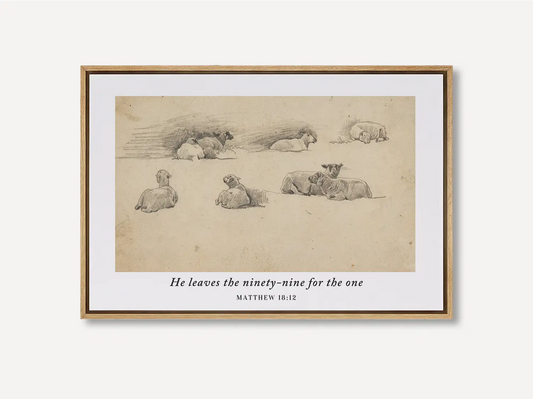 Celebrate the relentless love of the Good Shepherd with this inspiring Christian wall art. This framed print features a classic pencil sketch of sheep paired with the profound scripture: "He leaves the ninety-nine for the one."