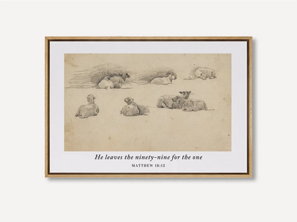 Celebrate the relentless love of the Good Shepherd with this inspiring Christian wall art. This framed print features a classic pencil sketch of sheep paired with the profound scripture: "He leaves the ninety-nine for the one."