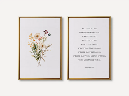 Anchor your thoughts in truth with this inspiring Christian wall art set. This collection of two framed prints features a delicate watercolor floral illustration paired with the powerful, uplifting verse from Philippians 4:8.