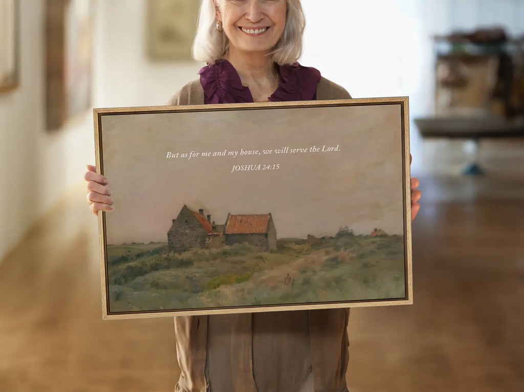 Declare your family's faith with this inspiring Christian wall art. This framed print features a warm, rustic house painting paired with the powerful promise from Joshua 24:15: "But as for me and my house, we will serve the Lord."