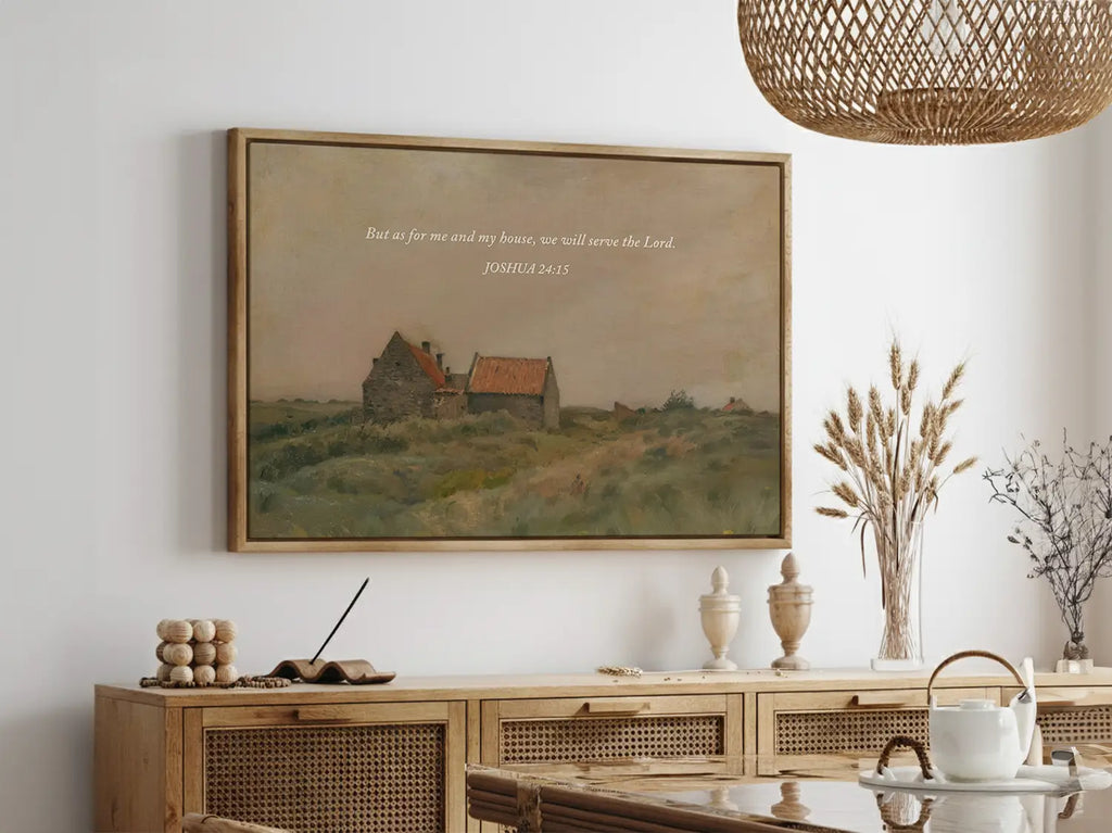 Declare your family's faith with this inspiring Christian wall art. This framed print features a warm, rustic house painting paired with the powerful promise from Joshua 24:15: "But as for me and my house, we will serve the Lord."