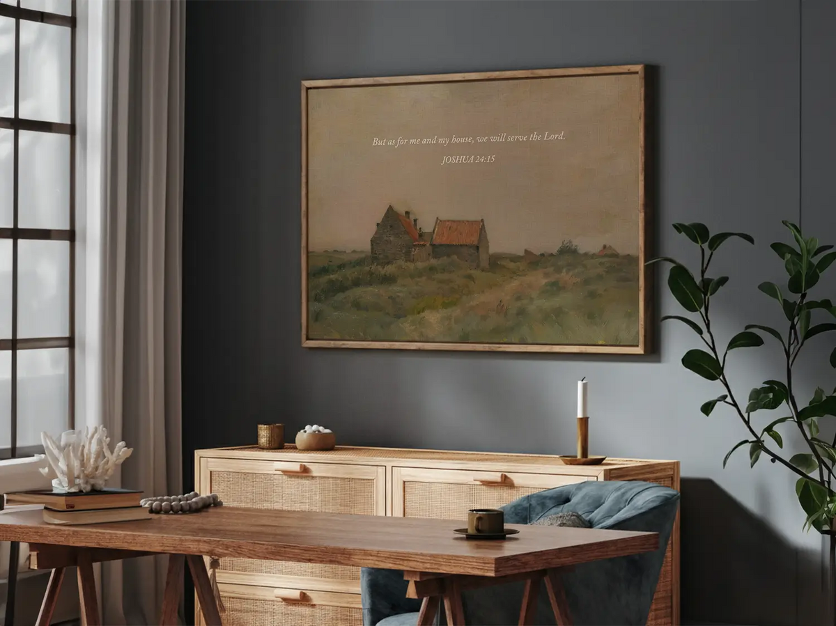 Declare your family's faith with this inspiring Christian wall art. This framed print features a warm, rustic house painting paired with the powerful promise from Joshua 24:15: "But as for me and my house, we will serve the Lord."