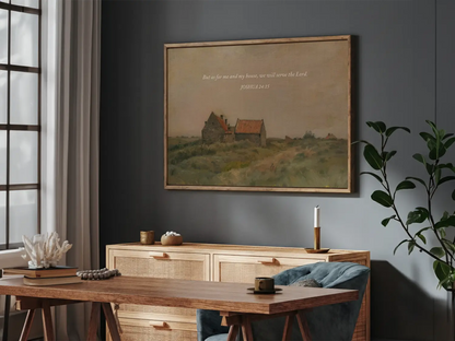 Declare your family's faith with this inspiring Christian wall art. This framed print features a warm, rustic house painting paired with the powerful promise from Joshua 24:15: "But as for me and my house, we will serve the Lord."